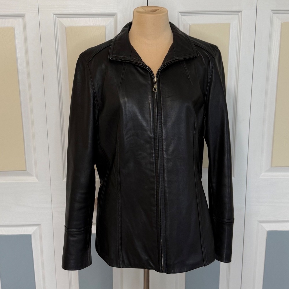 Nine West Black Genuine Leather Zip Up Collared Jacket Womens Large Petite L/P